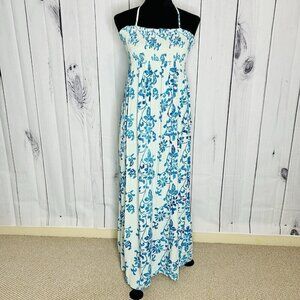 GO FISH Blue Floral Batik Smocked Maxi Halter Sundress Rayon Indonesia Sz M